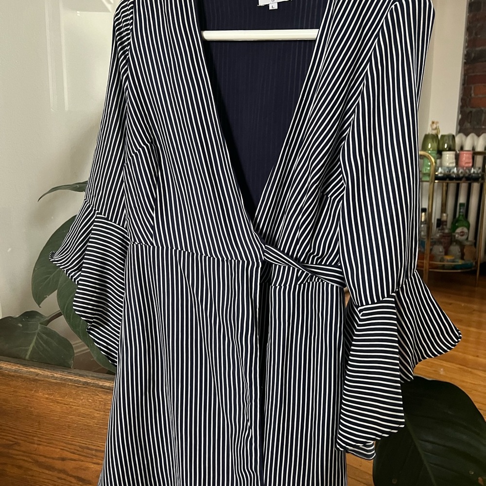 White and Blue Ruffled Wrap Dress with Bell Sleeves
